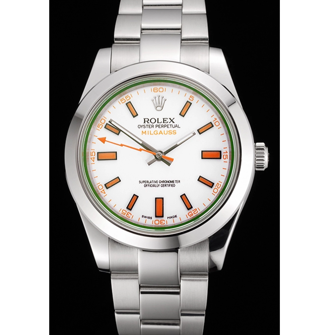 Aaa replica Stainless Case Milgauss White Markings And Orange Steel Bracelet Rolex Swiss Dial 0730